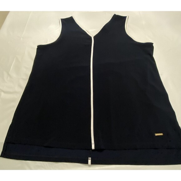 Anne Klein Navy Blue White Striped Sleeveless Silky Top M Medium Shirt Blouse - Picture 5 of 11